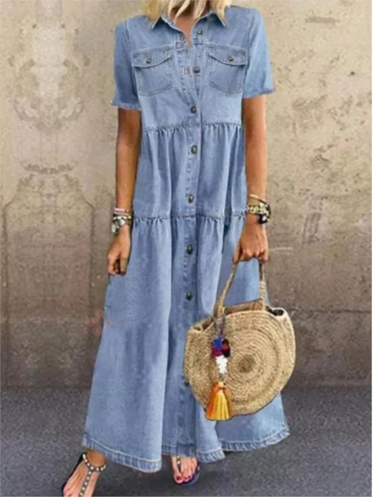 2024 Spring Denim Women Dress Long Blue Short Sleeve Elegant Long Dresses Female Casual Fashion Holiday Beach Ladies Clothes 3XL