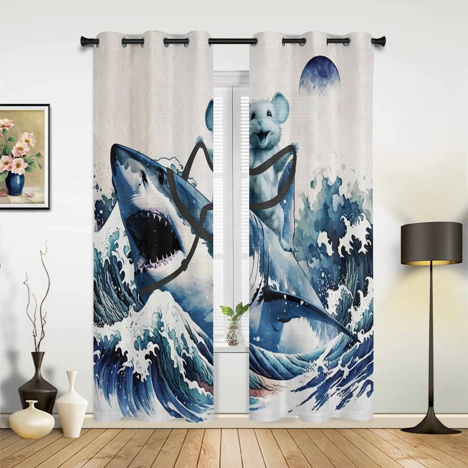 Ocean Shark And Mouse Riding Modern Hall Curtains for Living Room Bedroom Window Curtains Panels Drapes