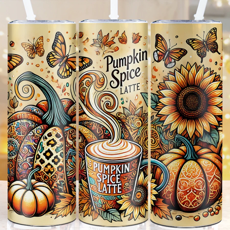 

Retro 20oz 1Pc Coffee Mugs Straw Lid Stainless Steel Skinny Straight Mugs 3D Print Fall Pumpkin Thanksgiving Party Festive Cups