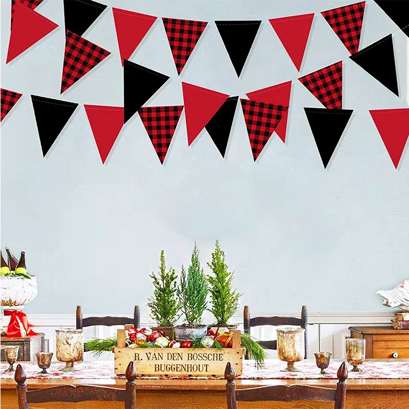 Buffalo Plaid Christmas Pennant Banner Black Red Checkered Birthday Party Decorations Paper Triangle Flag Bunting Dots Garlands