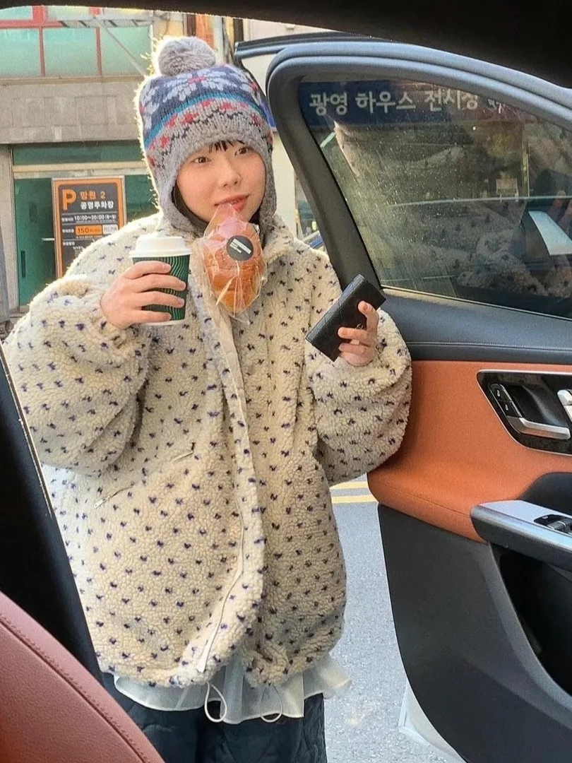 

Korean Sle College Love Dot Lamb Fur Cotton Warm Outerwear Women Loose Design Winter Cotton Coat Fem Faionable Coat