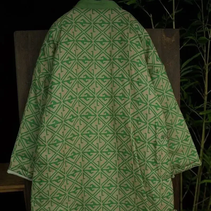 Chaqueta de algodón con hebilla inclinada de ramio para mujer, abrigo Retro de longitud media, ropa de abrigo holgada con estampado verde para invierno