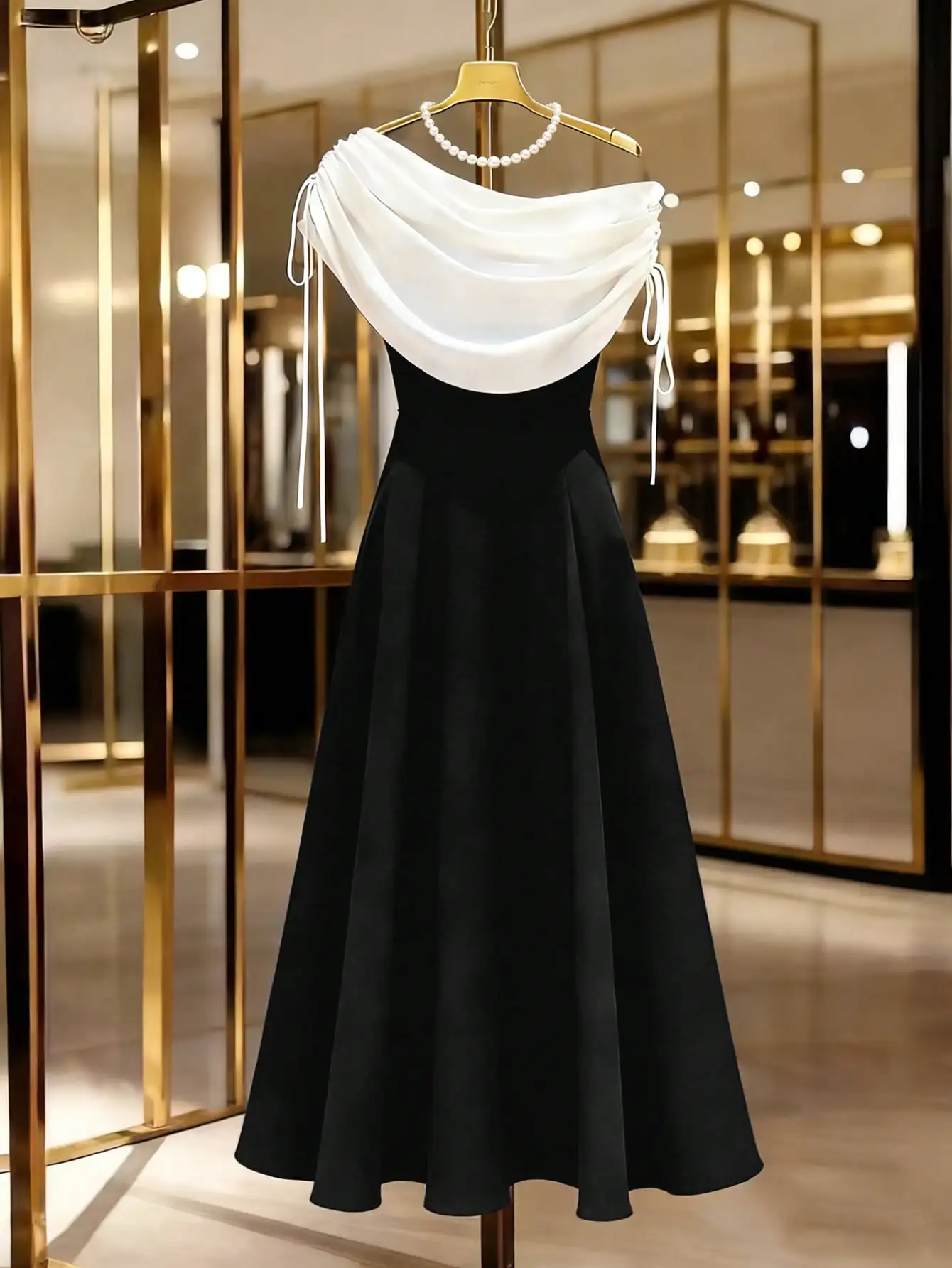 

Elegant Black and White Asymmetrical Shoulder A-Line Dress with Draped Collar for Party or Daily Wear