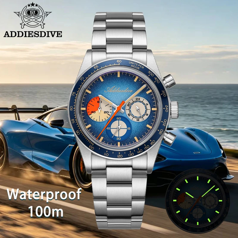 ADDIESDIVE 2026 New Chronograph Man Watch Dome Glass C3 Luminous Dress Quartz Watches Aluminum Bezel 100m Waterproof Tachymeter