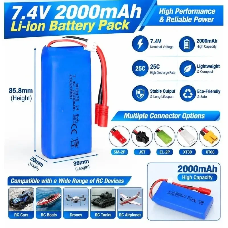 [NEW]  for X8C Remote Control Aircraft 7.4V 2000mAh 25C High Rate Lithium Battery Drone Accessories Model Aircraft Battery