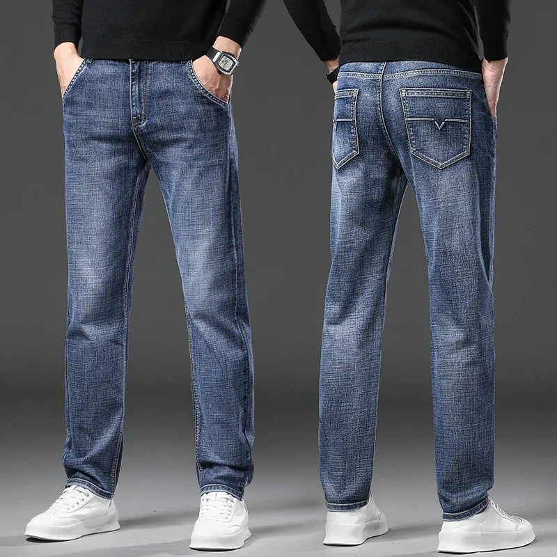 

2024 Fashion Men's Stretch Jeans Business men Straight Leg Classic Jeans Casual Denim Long Pants Slim Fit Simple Man Trousers