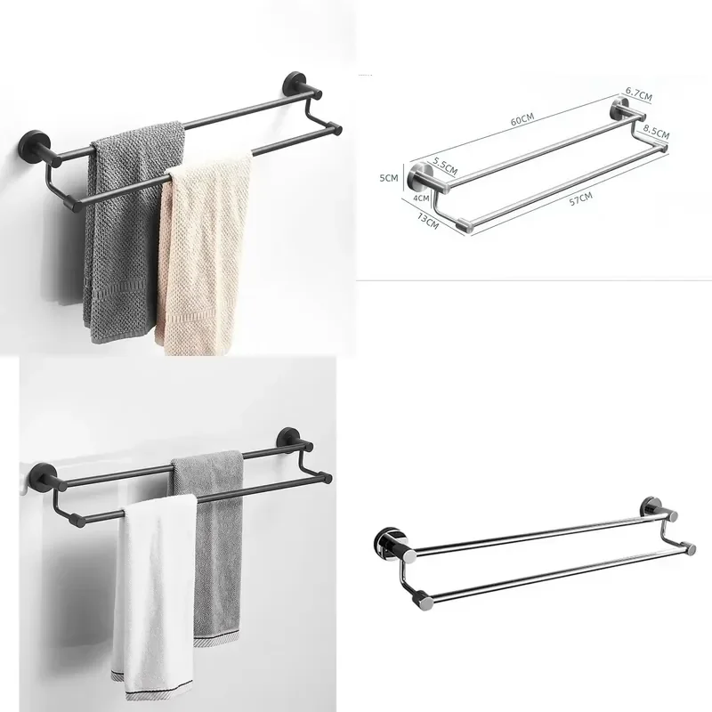 Wall Mounted Double Layer Towel Rack 304 Stainless Steel Non Drilling Bathroom Shelf with Two Tier Drying Holder