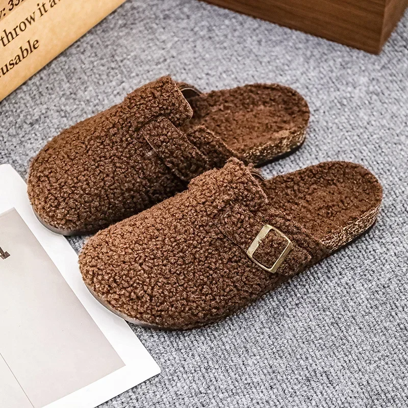 Casual Warm Indoor Boots Women Men Slippers Mules Fur Men Shoes Winter New Buckle Flats Platform Walking Plush Ladies Slides