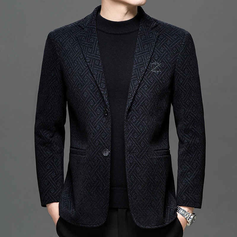 

Autumn Winter Men Elegant Padded Blazers Coffee Navy Personality Pattern Suit Jackets Male Slim Fit Tailored Outfits Garments