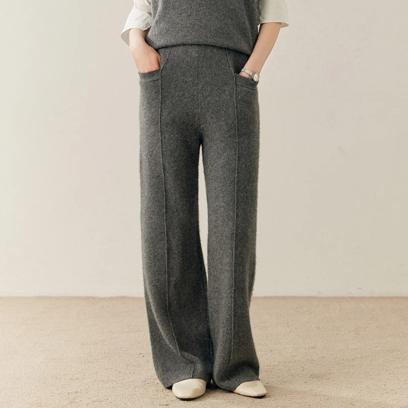 Women’s Cashmere Straight Pants Autumn Winter Elastic Waist 100% Cashmere Knitted Solid Pockets Office Lady Classics Trousers