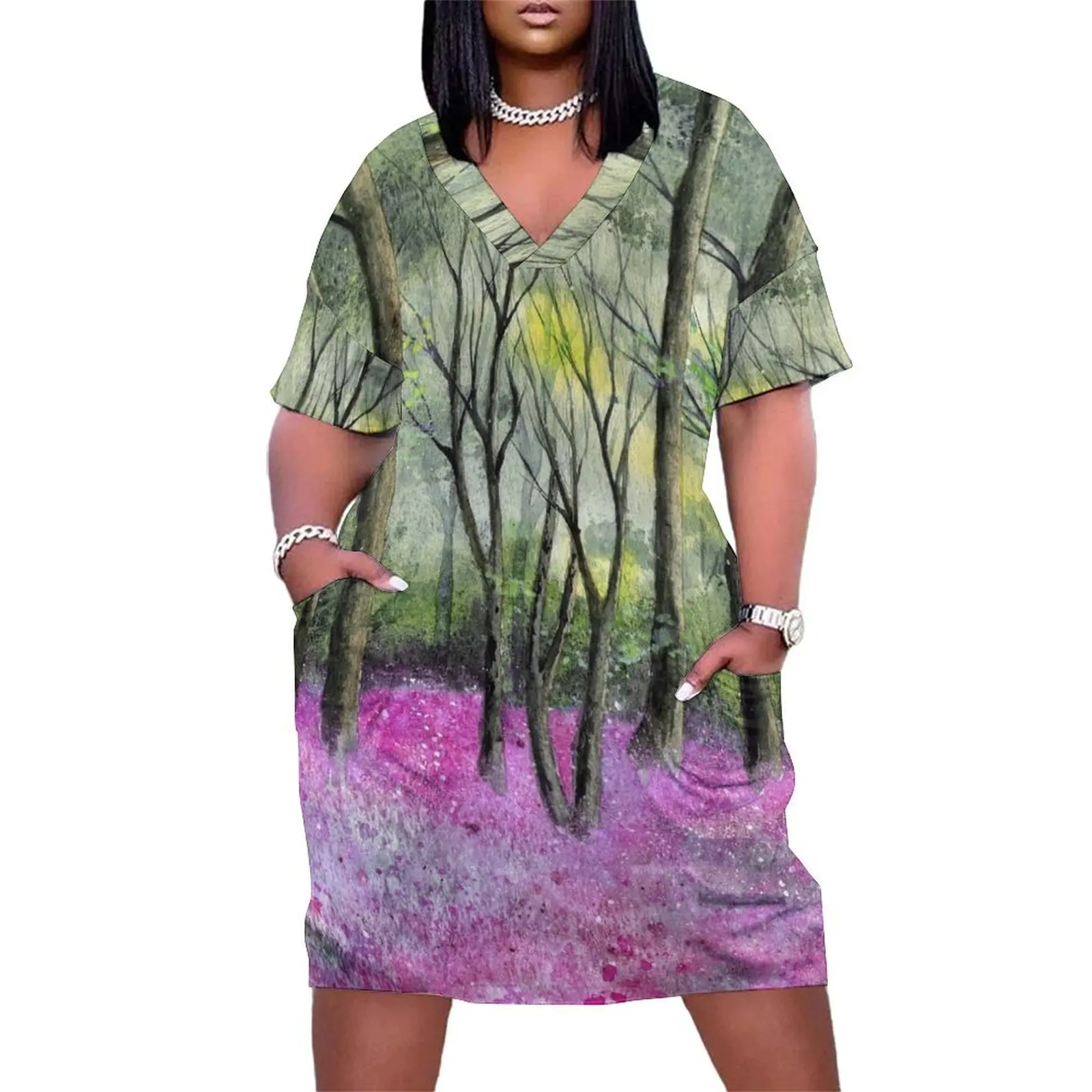 

Spring forest with tall trees and a bluebell glade Loose Pocket Dress fairy dress women's evening dress 2025