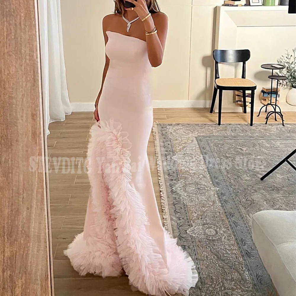 Luxe bruiloft galajurk voor dames chique strapless mouwloos lichtroze zeemeermin zijsplit bruid douche banket feestjurk