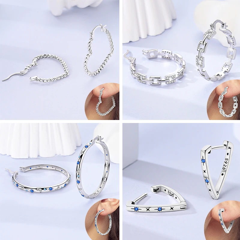 2025 الأصلي 925 فضة هوب القرط زركونيا عدم انتظام قرط الاذن المرصع للنساء المشاركة عيد ميلاد مجوهرات هدية