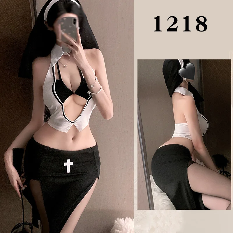 

Sexy Nun Cosplay Lingerie with Slit, No Need to Take Off, Seductive Outfit