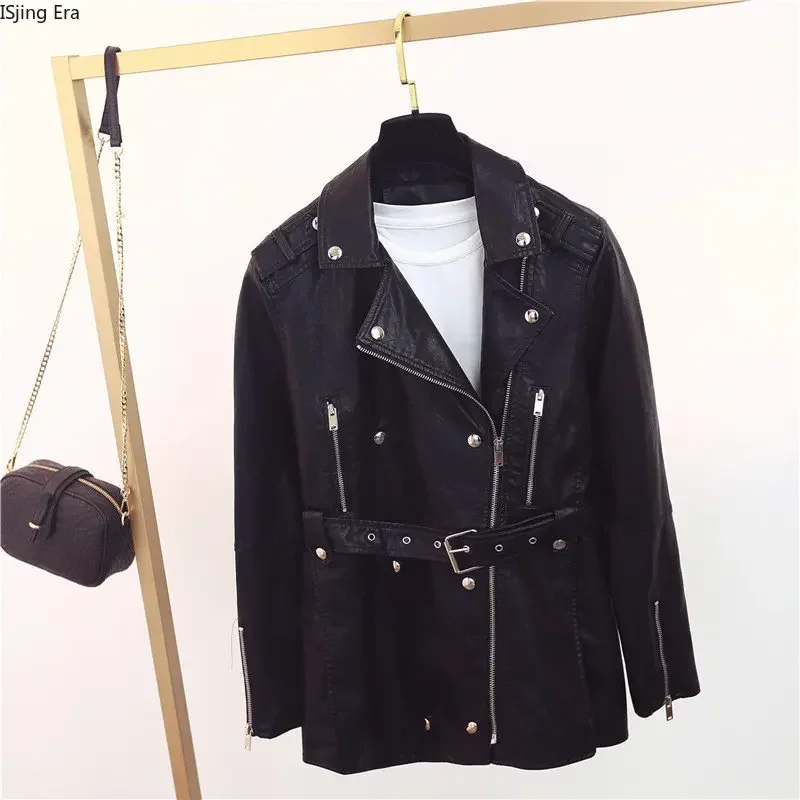 2023 Autumn New Women PU Motorcycle Leather Women Slim Fit Mid Length Windbreaker with Belt Q16