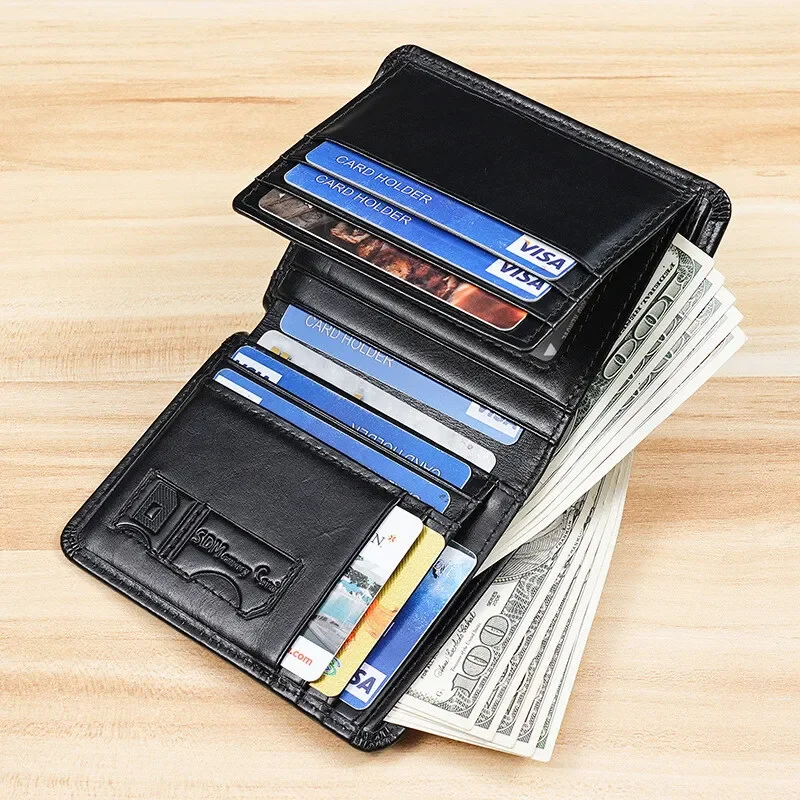 High Quality Genuine leather Mens Wallet Short Retro Wax Leather Multi Card Walet RFID anti-theft Cowhide Bifold Moneybag