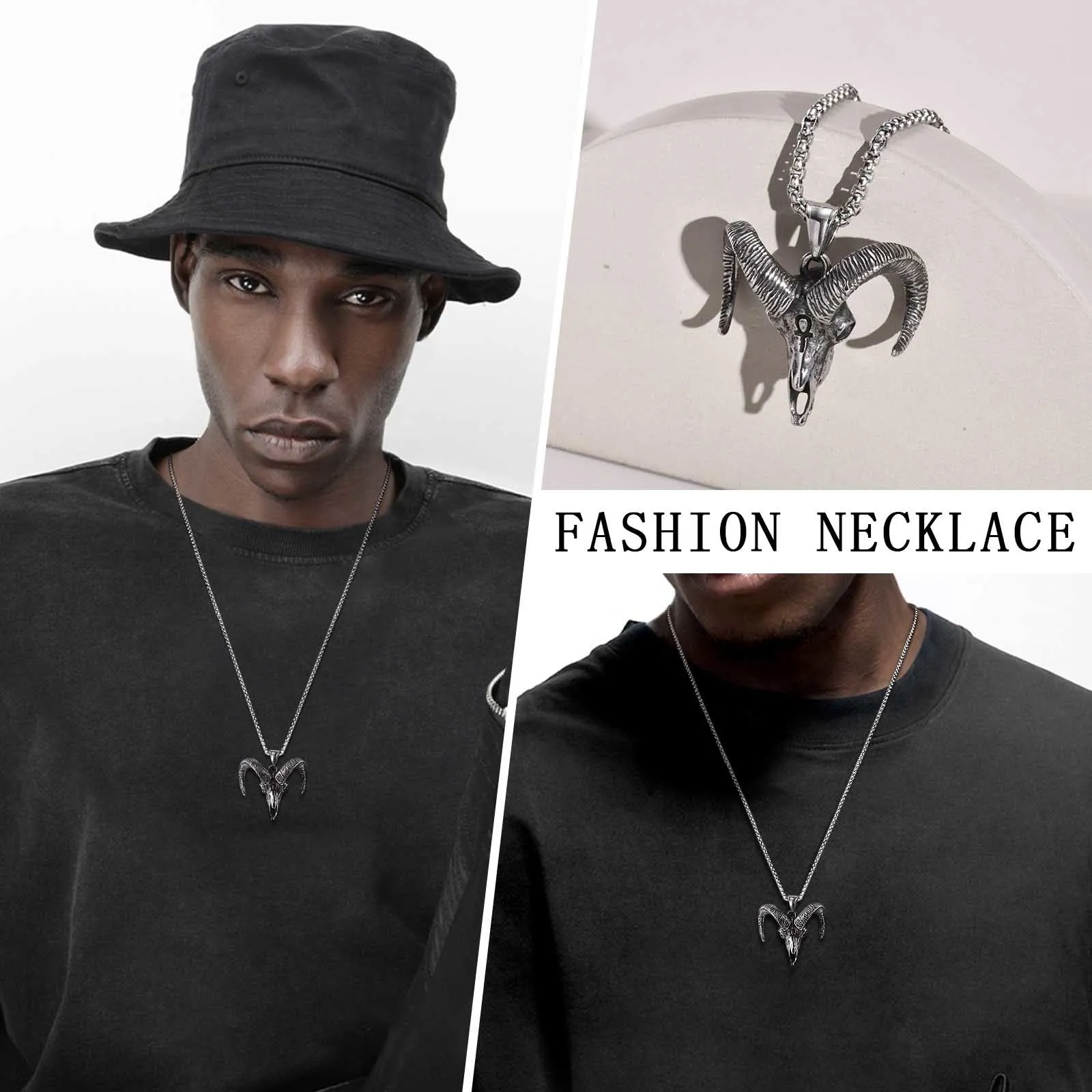 Vnox Vintage Men Necklaces, Bold Chunky Satan Goat Pendant with Box Chain, Stainless Steel Lucifer Monster Evil Goat Anka Collar