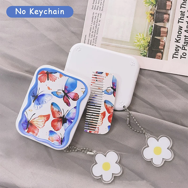 Red And Blue Butterfly Flip-Top Folding Makeup Mirror Portable Pocket Mirror Rectangle Cosmetic Mirror With Comb For Women