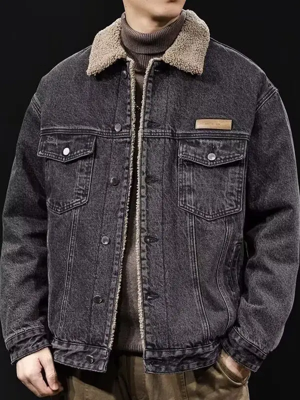 

Men's Winter Thiened Lamb Velvet Cotton Jaet Stand Collar Denim Workwear American Sle Coat Youth Faion Wear Resistant