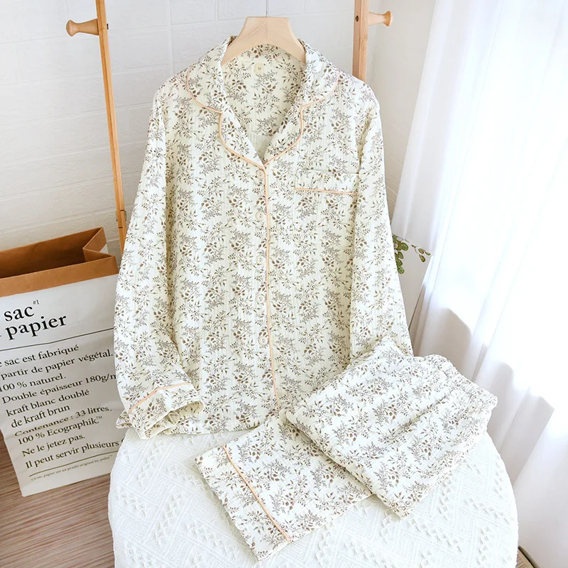 Autumn Long Sleeve Cotton Double Gauze Pajamas for Women Loose and Casual Plus Size Loungewear Lapel Flower Print Sleepwear