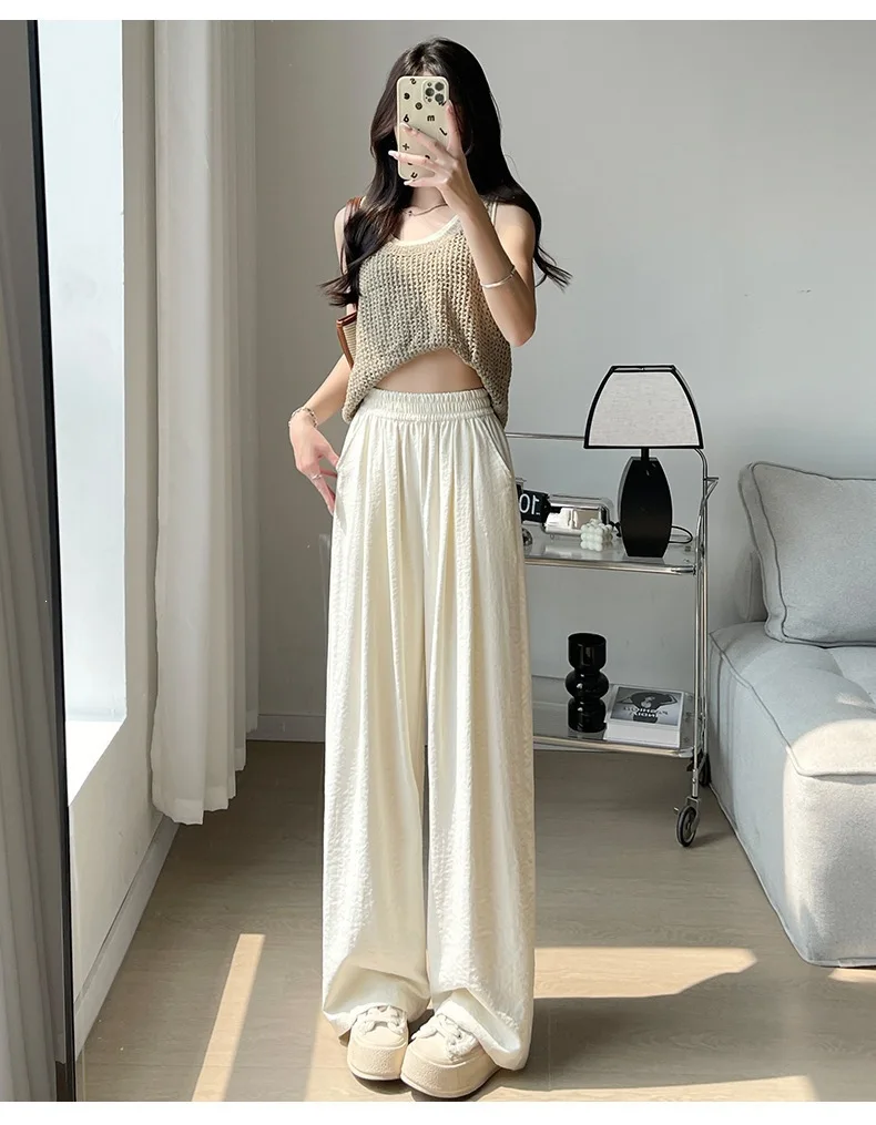 Acetate Velvet No-Fleece Pocket Wide Leg Pants Women's Spring Autumn Loose Slim Texture Lazy Casual Pants Polyester Lycra