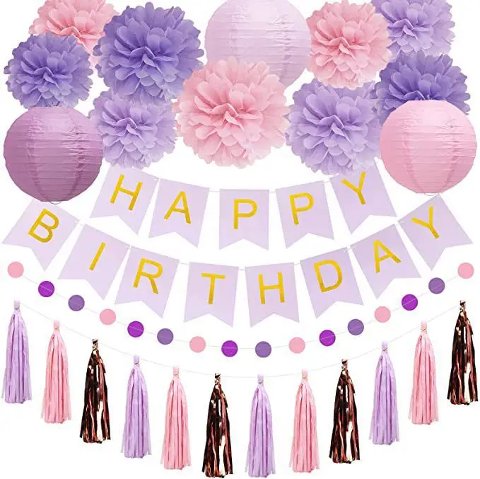 Purple-pink birthday decoration set Happy Birthday banner paper lantern paper flower ball wafer stream Ms. Su party