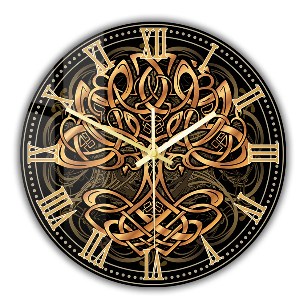 Celtic Yggdrasil Tree of Life Wall Clock Totem Birds Raven Huginn and Muninn Ravens of Odin Sacred Symbols Decorative Wall Watch