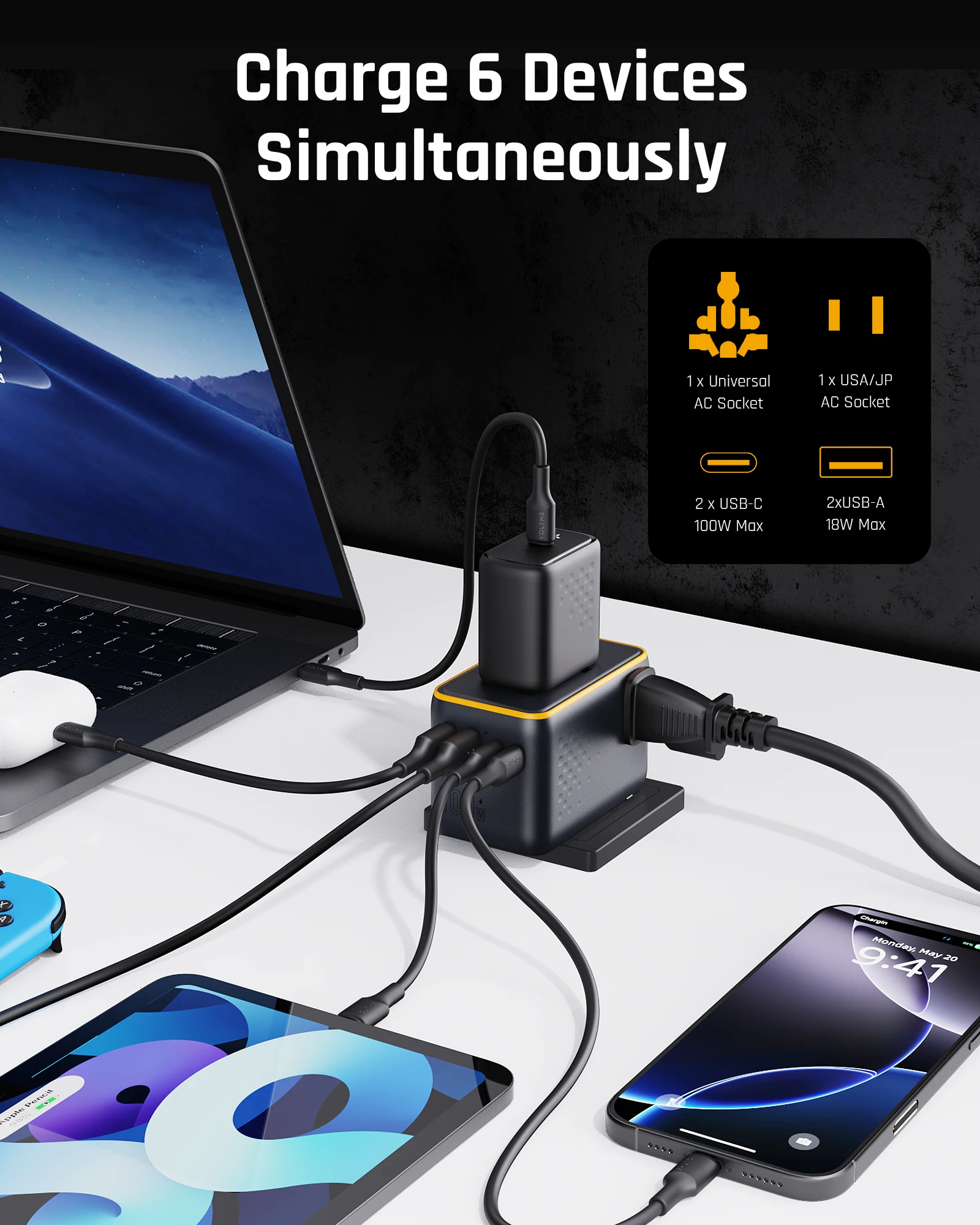 VOLTME PD 100 واط محول السفر العالمي المزدوج USB C + USB-A مع مقبس التيار المتناوب شاحن الهاتف المحمول PD شاحن آيفون 16 15 Xiaomi