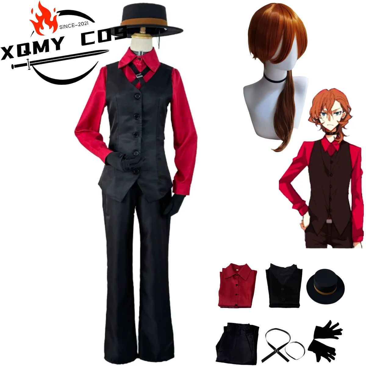XQAnime Bungo Stray Dogs Beast Nakahara Chuuya Cosplay Costume Red Shirt Uniform Vest Hat Wig Man Carnival Christmas Suit