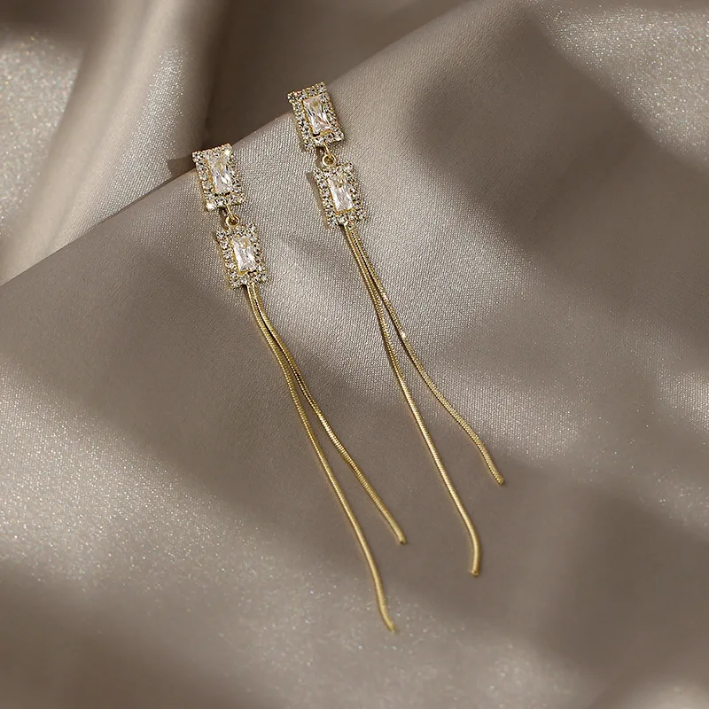 كامل الماس مزدوجة مستطيل الشرابة الأقراط الطويلة الطبعة الكورية قسط شخصية ضوء الفاخرة وأقراط S925 الفضة ني #2