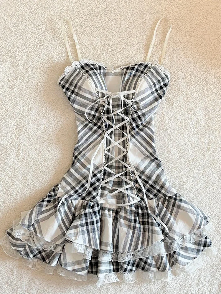 

Original Retro Plaid Dress Waist Cinching Beautiful Elegant Slimming Strap Dress New Summer A-Line Cotton Blend Casual Dress