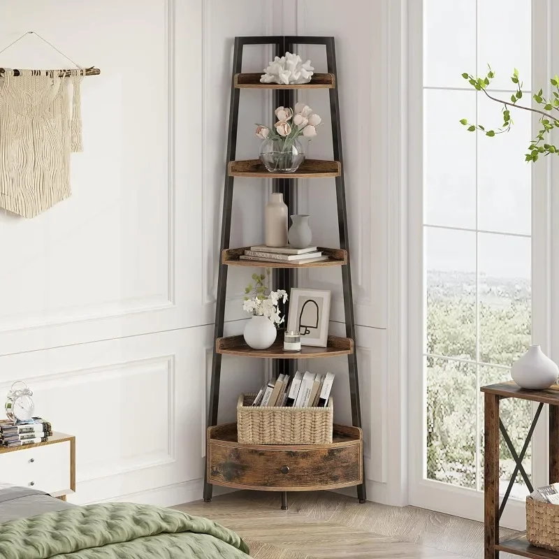 

Corner Shelf with Drawer, 5-Tier Corner Bookshelf, Freestanding Corner Shelf Unit, Rustic Brown Bookcase