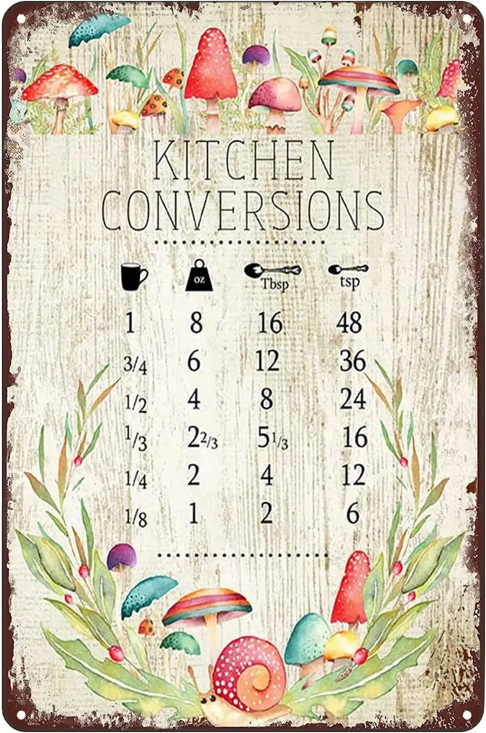 Vintage Metal Tin Sign, Kitchen Conversion Chart Signs Colorful Mushrooms Poster Wall Art Decor Plaque for Home Office Club Bar
