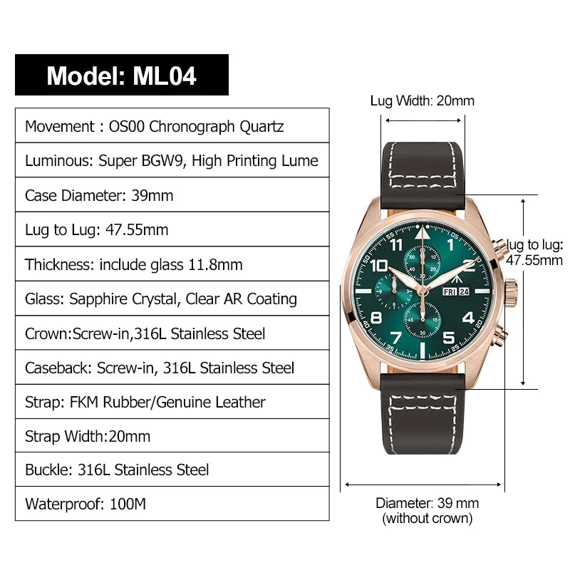 Militado ML04 Watch Quartz Movement Super BGW9 Luminous 100m Waterproof Wristwatch Domed Sapphire Crystal 39mm Vintage Watches