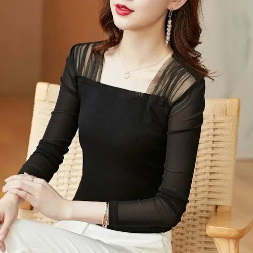 M-4XL Mesh Bottoming T-shirt New Round Neck Long-sleeved Blouse Top Women's Clothing