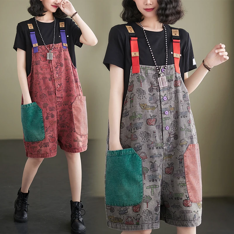 ファイオナブルプリントデニムオーバーオール レディース 夏 プラスサイズ トレンド 年齢を感じさせない 五分丈ワイドレッグパンツ