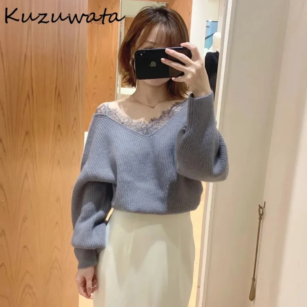 Kuzuwata Slash Neck Batwing Sleeve Sweet Sling Sweaters Lace Solid Elegant Hollow Out Jumper Japan Knit Casual Fresh Pullovers