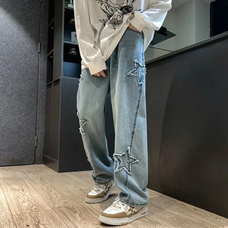 New Men's Star Embroidered Fashion Loose Jeans Y2K High Street Hip Hop Stretch Soft Straight Wide Leg Denim Trousers Male