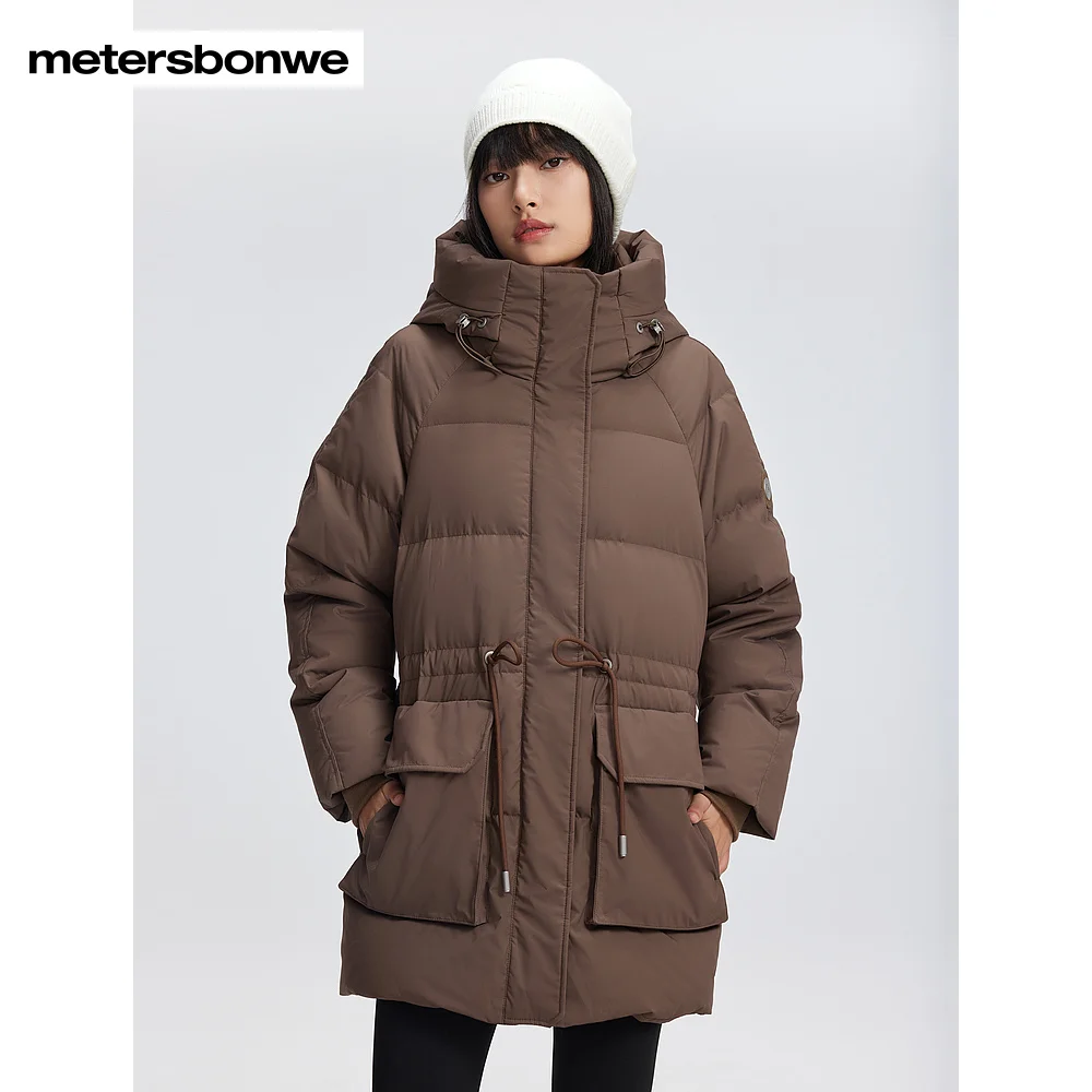 Metersbonwe-Women's Adjustable Waist Drawstring Down Jacket Puffer 85% Duck Down Hooded Design Warm  High Quality Winter