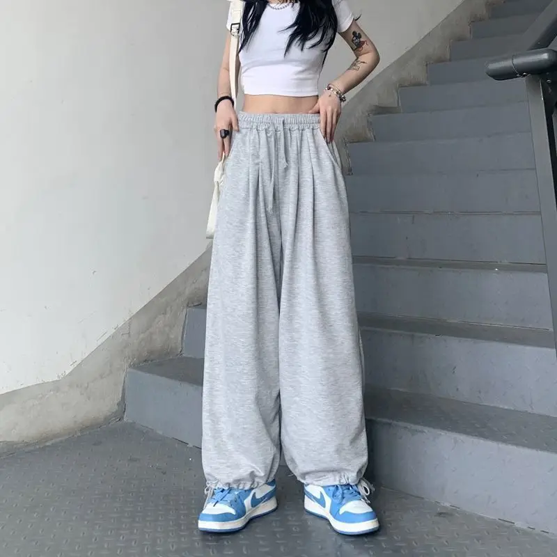 Pants Women Sporty Korean Streetwear Baggy BF Style Full Length Casual High Waist All-match Solid Soft Minimalist Thin Summer