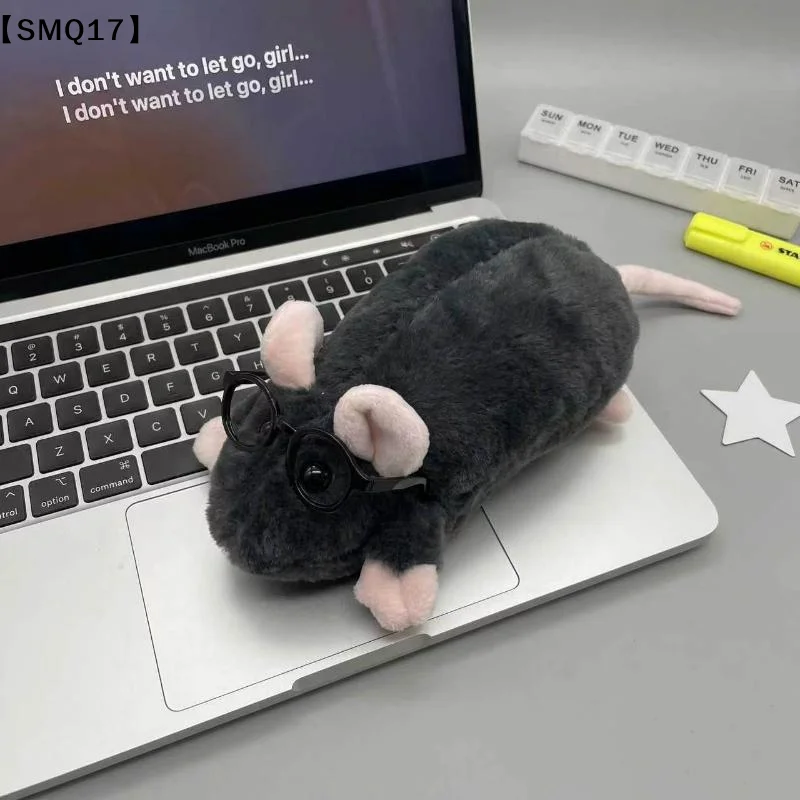 1Pcs Cute Flower Branch Rat Plush Pencil Case Makeup Bag Large Capacity Portable Animal Stationery Storage Zipper Closure【SMQ】