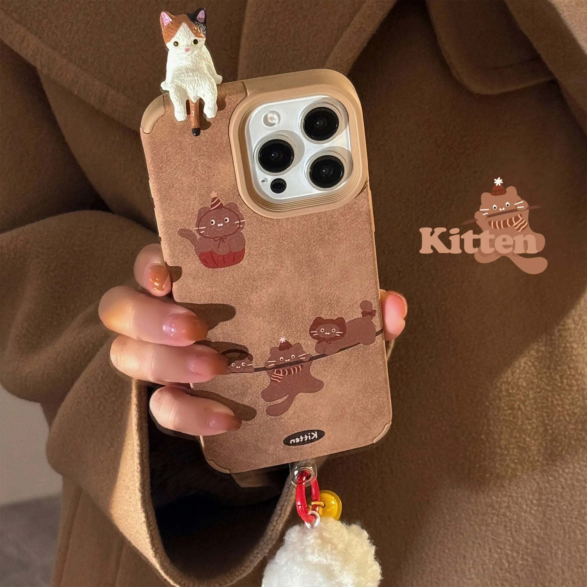 Cartoon 3D cat animal leather retro phone case for iphone 15 16 pro max 12 13 14 promax cute back cover plush capa