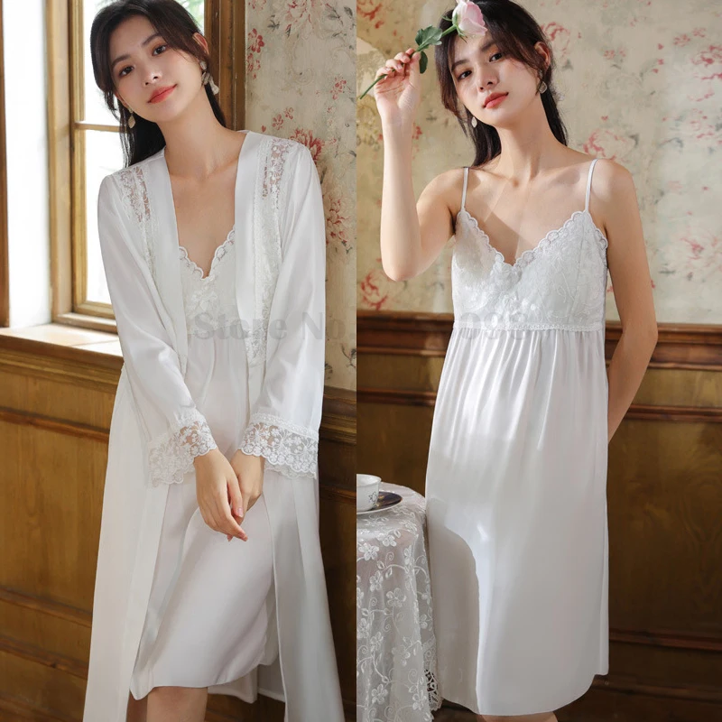 

Palace Retro Style Robe Set New Women's Sleepwear Long Sleeve Bathrobe Spaghetti Strap Nightgown Two Piece Sexy Lace Nightwear