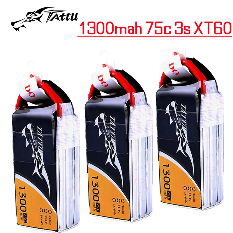 3PCS TATTU 11.1V Lipo Battery 1300mAh 75C With XT60 Plug For RC FPV Airplane Quadcopter Helicopter Drone Parts 11.1V Battery