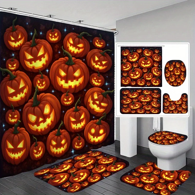 

4 шт., набор для ванной комнаты с тыквой на Хэллоуин-светящаяся занавеска для душа Jack-o-Lantern, чехол для унитаза и коврики, жуткий водонепроницаемый декор, подарок