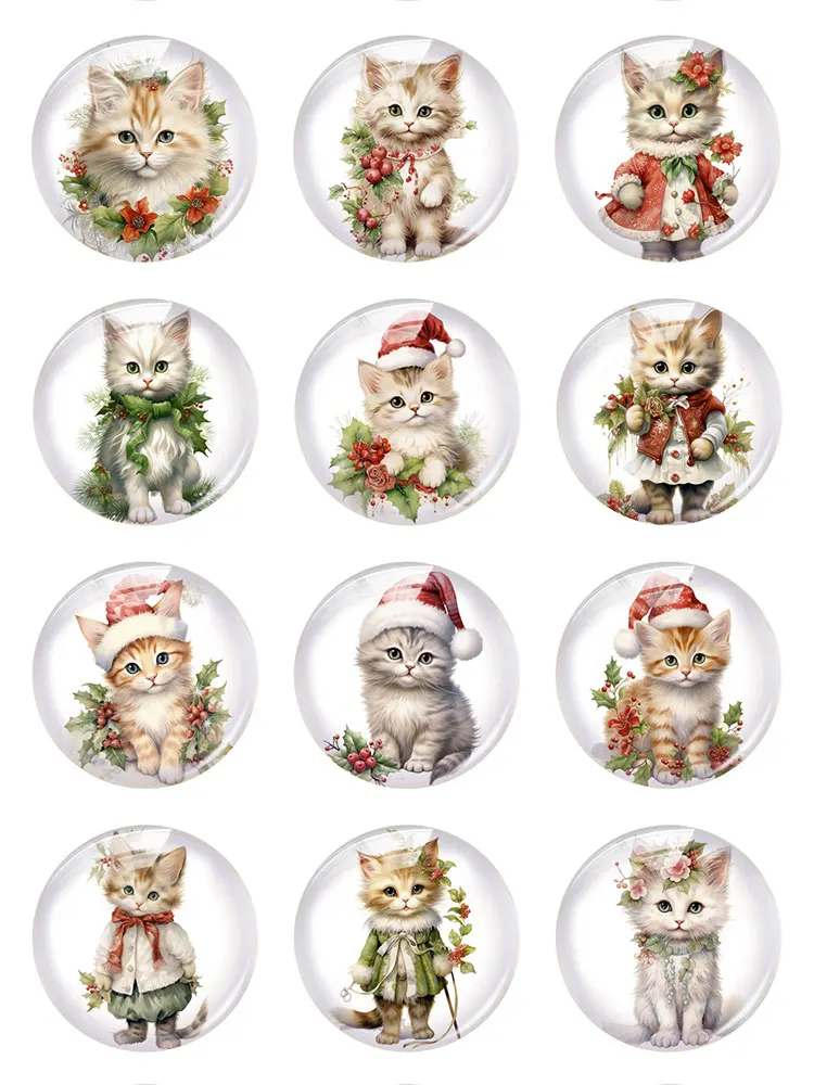 Handmade Cat Kitten Pets Christmas X-mas Winter Photo Glass Cabochon Charms Flatback Demo Flat Back Cameo For Diy Jewelry Making