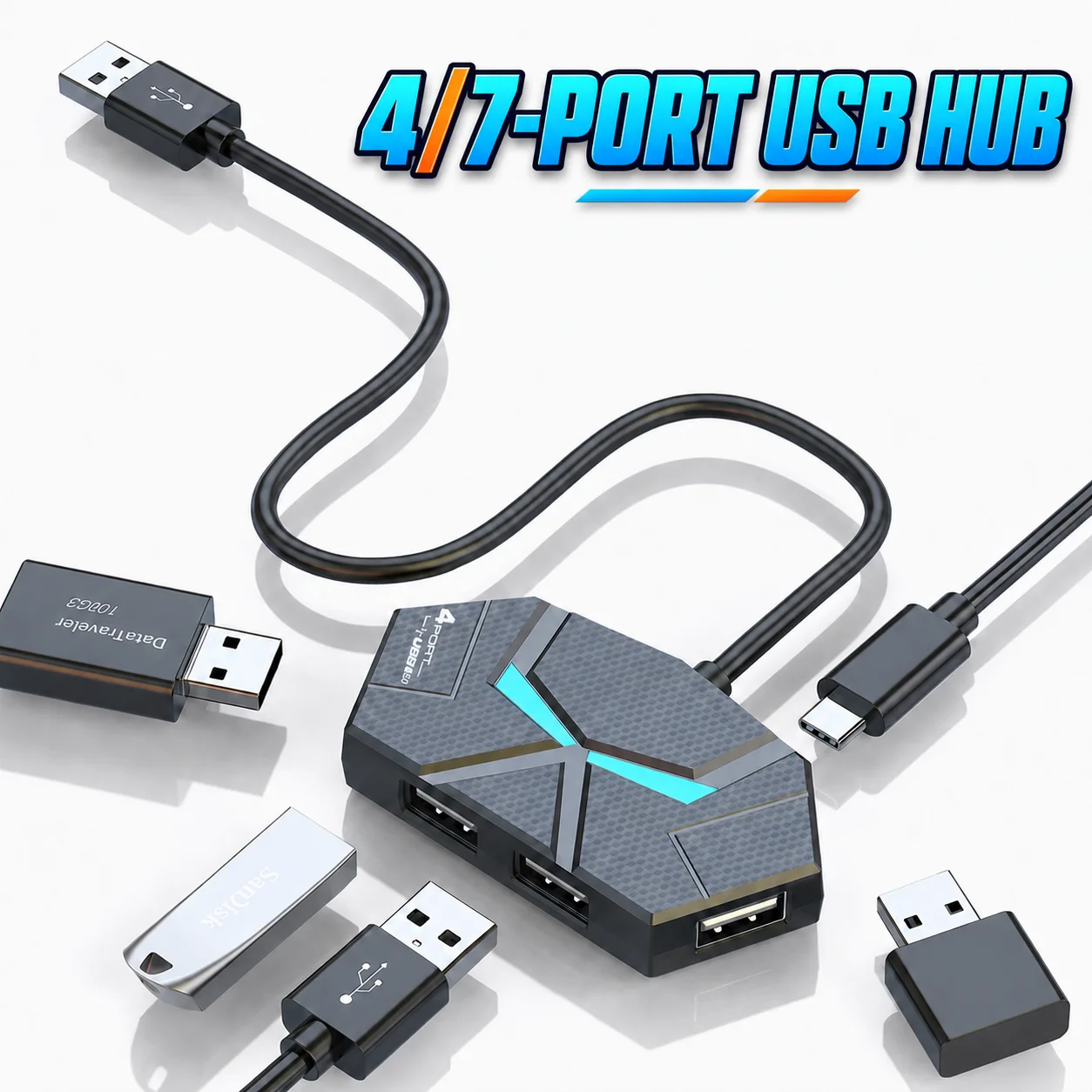 4/7 Port USB 2.0 Hub RGB Multi USB Splitter Adapter with Type-C Power Port for Laptop PC Keyboard Mouse Flash Drive HDD Printer