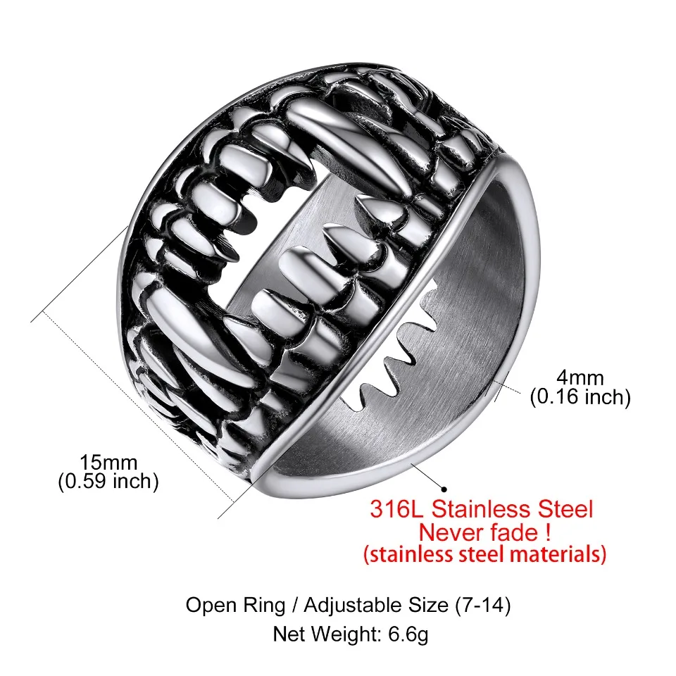 U7 Stainless Steel Double Sides Teeth Rings for Man Woman Manmade Vintage Effect Size 7-14 Gothic Punk Cool Jewelry Gift