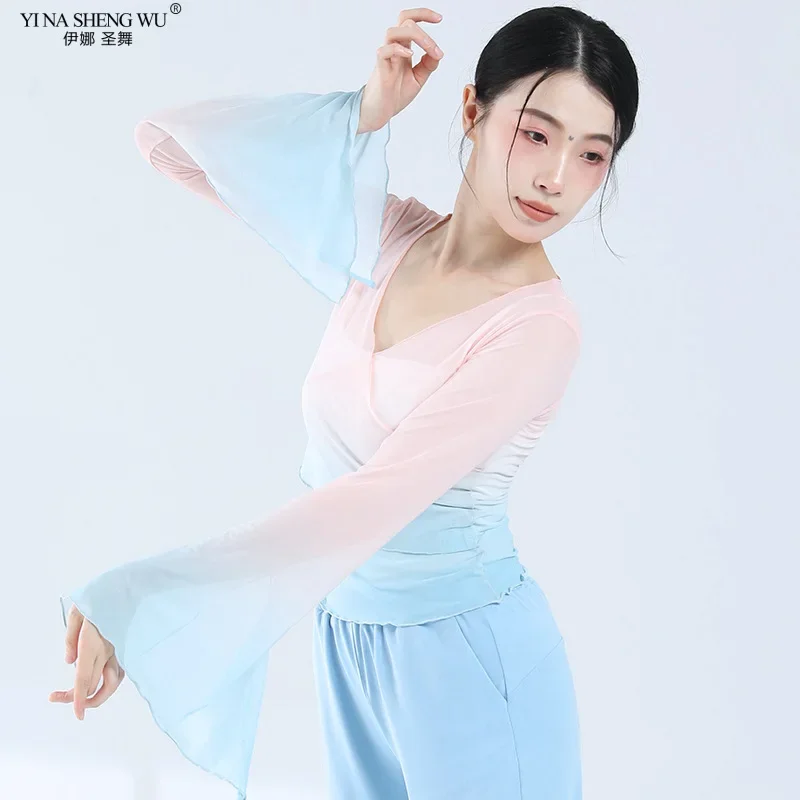 Classical Dance Top for Female Gradient Chinese Folk Dance Practice Top Modern Dance Belly Dance Women Mesh Gradual Dance Top