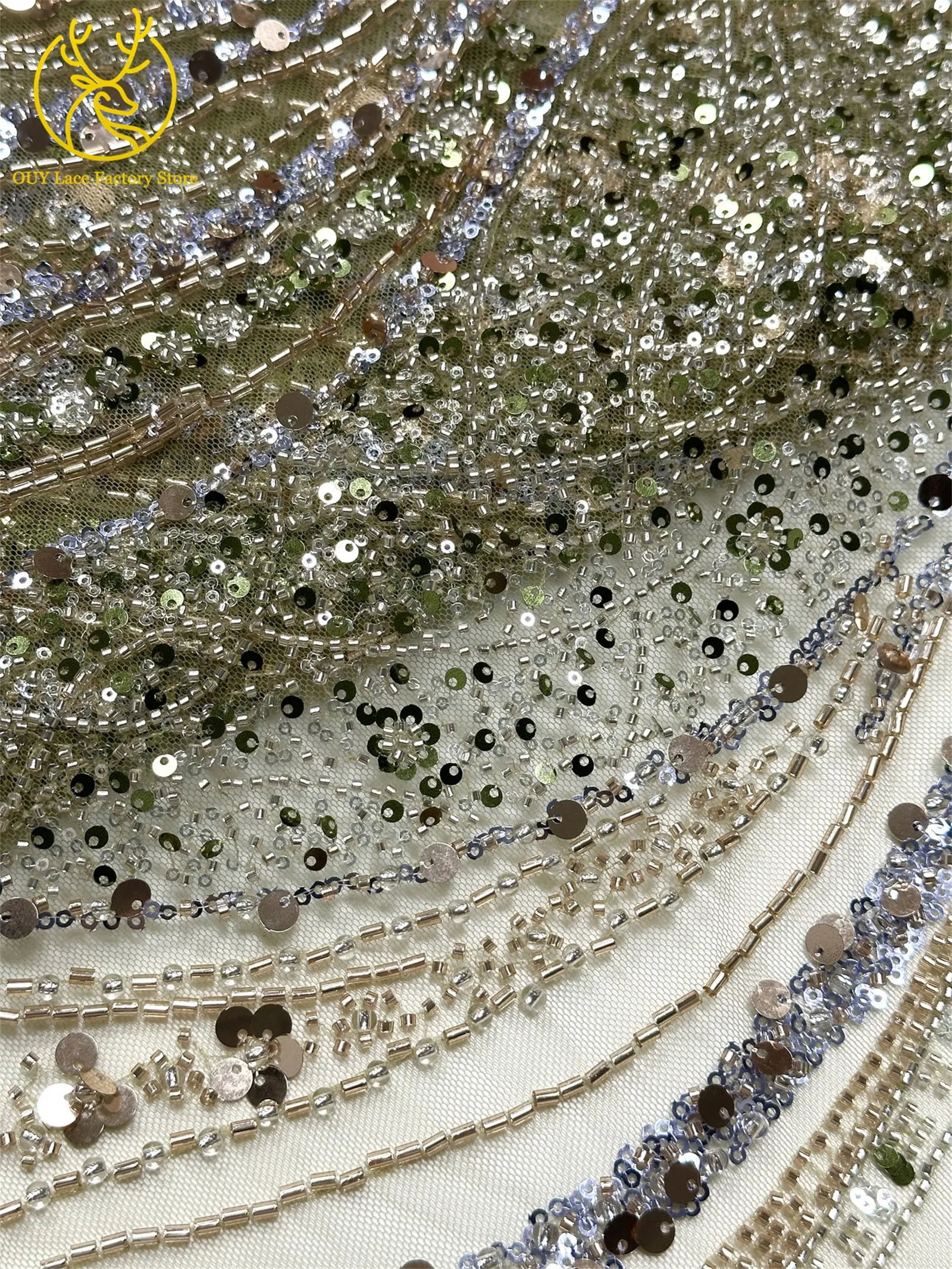 Champagner-Gold Nigerianischer Pailletten-Netzstoff 2026 Hochwertige Französische Perlen-Spitze Afrikanischer Spitzenstoff für Brautkleider – Detail 15